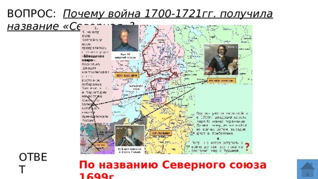 ВОПРОС: Почему война 1700-1721гг. получила название «Северная»? МЕСТО ДЛЯ ВСТАВКИ ИЗОБРАЖЕНИЯ ОТВЕТ По названию Северного союза 1699г.  