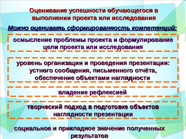  Оценивание успешности обучающегося в выполнении проекта или исследования Можно оценивать сформированность компетенций: осмысление проблемы проекта и формулирование цели проекта или исследования уровень организации и проведения презентации: устного сообщения, письменного отчёта, обеспечение объектами наглядности  владение рефлексией  творческий подход в подготовке объектов наглядности презентации социальное и прикладное значение полученных результатов 