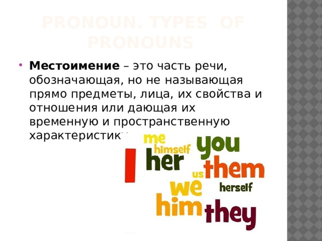 Pronoun. Types of pronouns Местоимение  – это часть речи, обозначающая, но не называющая прямо предметы, лица, их свойства и отношения или дающая их временную и пространственную характеристику. 