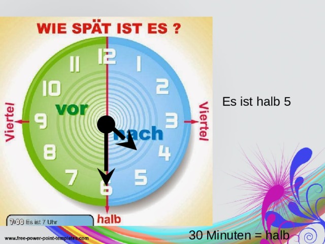 Es ist halb 5 30 Minuten = halb 