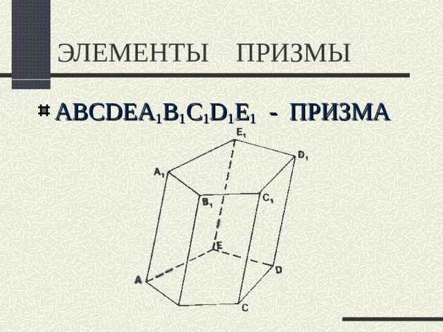 ЭЛЕМЕНТЫ ПРИЗМЫ ABCDEA 1 B 1 C 1 D 1 E 1  - ПРИЗМА 