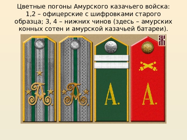 Цветные погоны Амурского казачьего войска: 1,2 – офицерские с шифровками старого образца; 3, 4 – нижних чинов (здесь – амурских конных сотен и амурской казачьей батареи). 