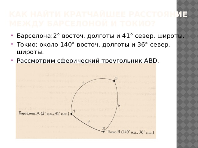 Как найти кратчайшее расстояние между Барселоной и Токио?