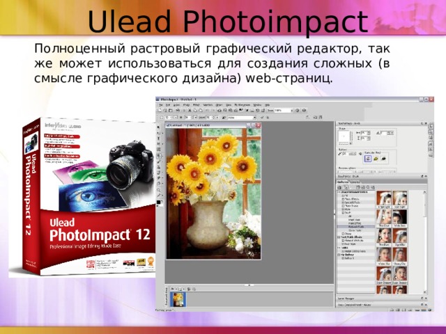 Ulead Photoimpact   Полноценный растровый графический редактор, так же может использоваться для создания сложных (в смысле графического дизайна) web-страниц. 