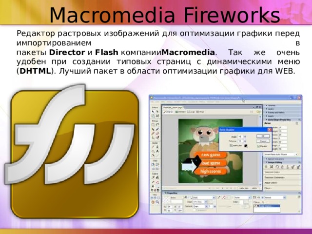 Macromedia Fireworks     Редактор растровых изображений для оптимизации графики перед импортированием в пакеты  Director  и  Flash  компании Macromedia . Так же очень удобен при создании типовых страниц с динамическими меню ( DHTML ). Лучший пакет в области оптимизации графики для WEB.  