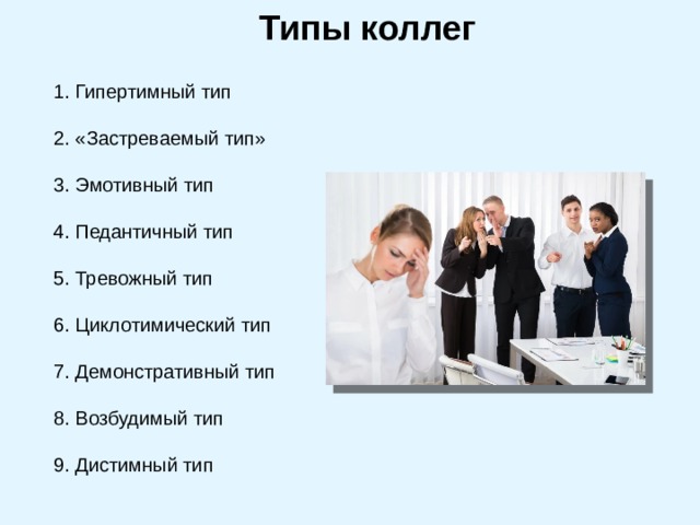 Есть много типов. Типы коллег. Типы сотрудников картинки. Психотипы работников в коллективе. Виды сотрудников в коллективе.