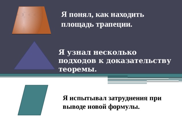 Я понял, как находить площадь трапеции. Я узнал несколько подходов к доказательству теоремы. Я испытывал затруднения при выводе новой формулы. 