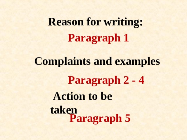 Reason for writing: Paragraph 1 Complaints and examples Paragraph 2 - 4  Action to be taken Paragraph 5