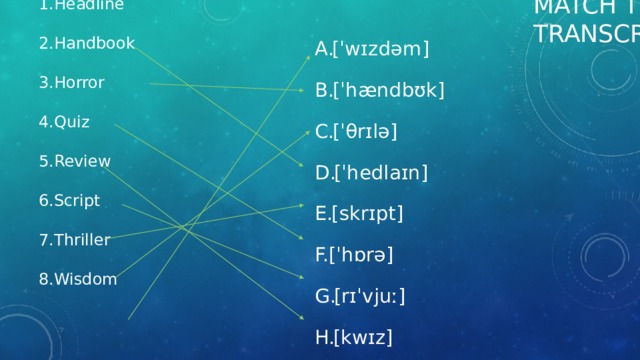 Match the word with its transcription: Headline Handbook Horror Quiz Review Script Thriller Wisdom [ˈwɪzdəm] [ˈhændbʊk] [ˈθrɪlə] [ˈhedlaɪn] [skrɪpt] [ˈhɒrə] [rɪˈvjuː] [kwɪz] 