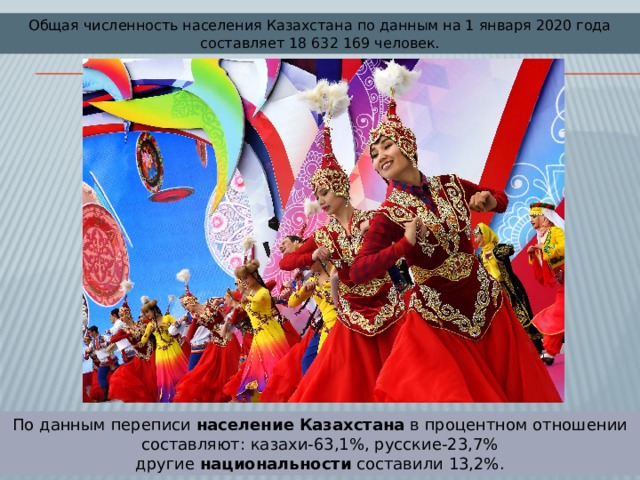 Общая численность населения Казахстана по данным на 1 января 2020 года составляет 18 632 169 человек. По данным переписи  население   Казахстана  в процентном отношении составляют: казахи-63,1%, русские-23,7% другие  национальности  составили 13,2%. 