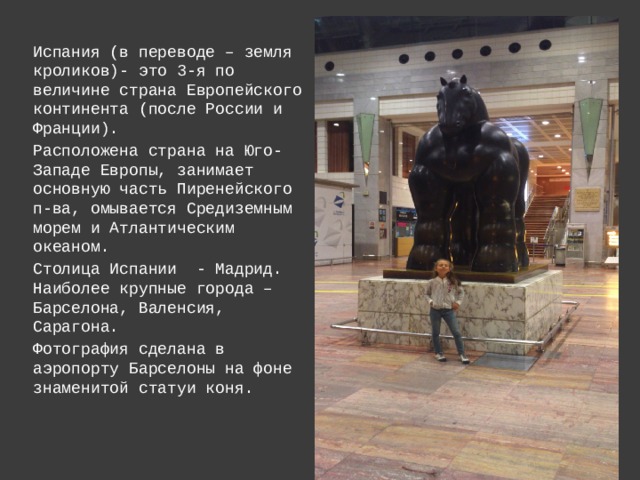 Испания (в переводе – земля кроликов)- это 3-я по величине страна Европейского континента (после России и Франции). Расположена страна на Юго-Западе Европы, занимает основную часть Пиренейского п-ва, омывается Средиземным морем и Атлантическим океаном. Столица Испании - Мадрид. Наиболее крупные города – Барселона, Валенсия, Сарагона. Фотография сделана в аэропорту Барселоны на фоне знаменитой статуи коня. 