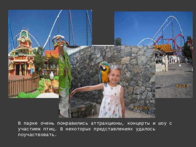 В парке очень понравились аттракционы, концерты и шоу с участием птиц. В некоторых представлениях удалось поучаствовать.  