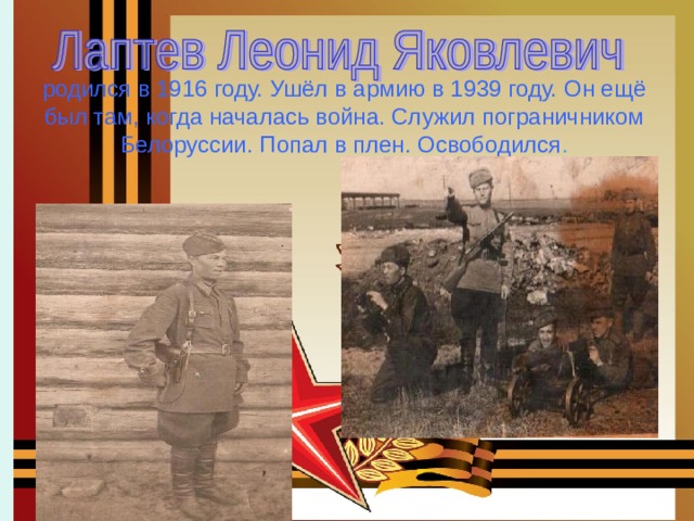 родился в 1916 году. Ушёл в армию в 1939 году. Он ещё был там, когда началась война. Служил пограничником Белоруссии. Попал в плен. Освободился . 