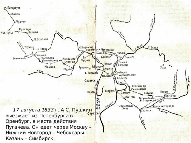 17 августа 1833 г. А.С. Пушкин выезжает из Петербурга в Оренбург, в места действия Пугачева. Он едет через Москву – Нижний Новгород – Чебоксары – Казань – Симбирск. 