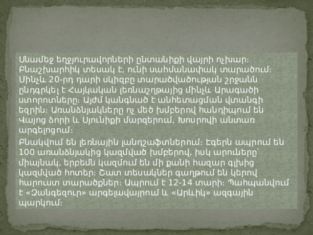 Սնամեջ եղջյուրավորների ընտանիքի վայրի ոչխար։ Բնաշխարհիկ տեսակ է, ունի սահմանափակ տարածում։ Մինչև 20-րդ դարի սկիզբը տարածվածության շրջանն ընդգրկել է Հայկական լեռնաշղթայից մինչև Արագածի ստորոտները։ Այժմ կանգնած է անհետացման վտանգի եզրին։ Առանձնյակները ոչ մեծ խմբերով հանդիպում են Վայոց ձորի և Սյունիքի մարզերում, Խոսրովի անտառ արգելոցում։ Բնակվում են լեռնային լանդշաֆտներում։ Էգերն ապրում են 100 առանձնյակից կազմված խմբերով, իսկ արուները՝ միայնակ, երբեմն կազմում են մի քանի հազար գլխից կազմված հոտեր։ Շատ տեսակներ գաղթում են կերով հարուստ տարածքներ։ Ապրում է 12-14 տարի։ Պահպանվում է «Զանգեզուր» արգելավայրում և «Արևիկ» ազգային պարկում։ 