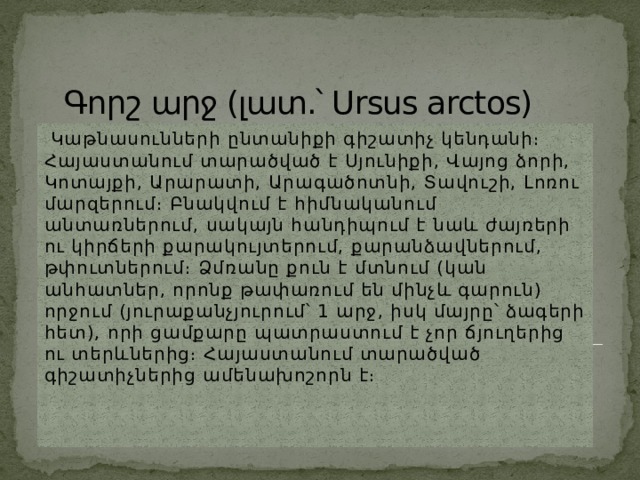 Գորշ արջ (լատ.՝ Ursus arctos)  Կաթնասունների ընտանիքի գիշատիչ կենդանի։ Հայաստանում տարածված է Սյունիքի, Վայոց ձորի, Կոտայքի, Արարատի, Արագածոտնի, Տավուշի, Լոռու մարզերում։ Բնակվում է հիմնականում անտառներում, սակայն հանդիպում է նաև ժայռերի ու կիրճերի քարակույտերում, քարանձավներում, թփուտներում։ Ձմռանը քուն է մտնում (կան անհատներ, որոնք թափառում են մինչև գարուն) որջում (յուրաքանչյուրում՝ 1 արջ, իսկ մայրը՝ ձագերի հետ), որի ցամքարը պատրաստում է չոր ճյուղերից ու տերևներից։ Հայաստանում տարածված գիշատիչներից ամենախոշորն է։ 