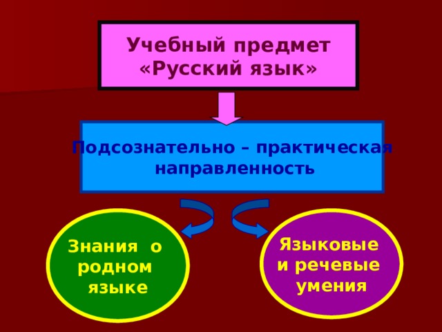 Учебный предмет «Русский язык» Подсознательно – практическая  направленность Знания о родном языке Языковые и речевые умения 
