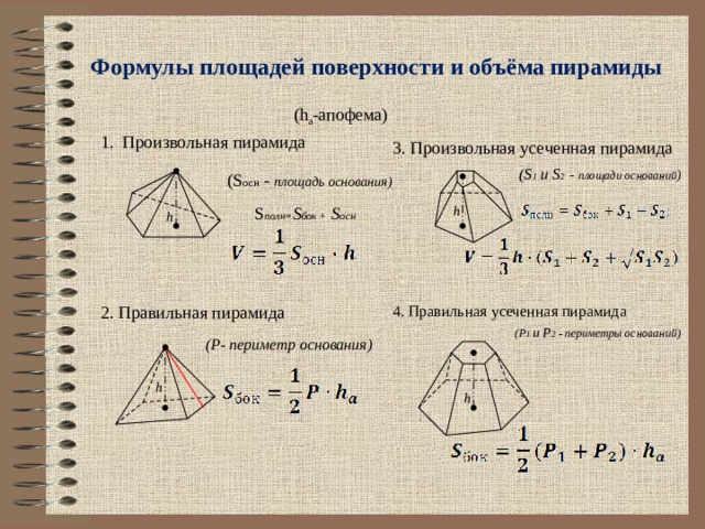 Формулы пирамиды геометрия 10. Площадь основания усеченной пирамиды. Произвольная усеченная пирамида формулы.
