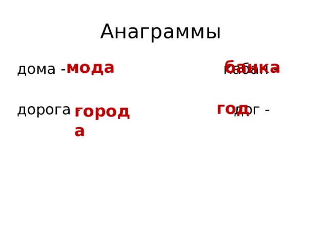 Анаграммы мода банка дома - кабан - дорога - дог - год города 