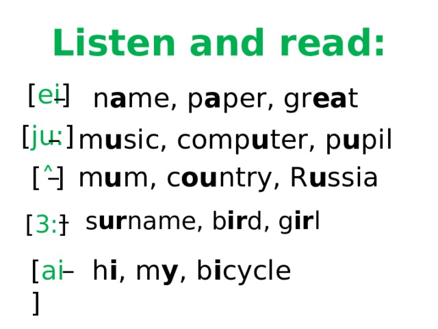 Listen and read: [ ei ] – n a me, p a per, gr ea t [ ju: ] – m u sic, comp u ter, p u pil [ ˄ ] – m u m, c ou ntry, R u ssia – s ur name, b ir d, g ir l [ 3: ] [ ai ] – h i , m y , b i cycle 