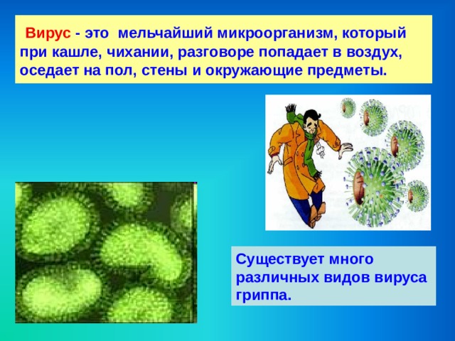  Вирус  - это мельчайший микроорганизм, который при кашле, чихании, разговоре попадает в воздух, оседает на пол, стены и окружающие предметы. Существует много различных видов вируса гриппа. 
