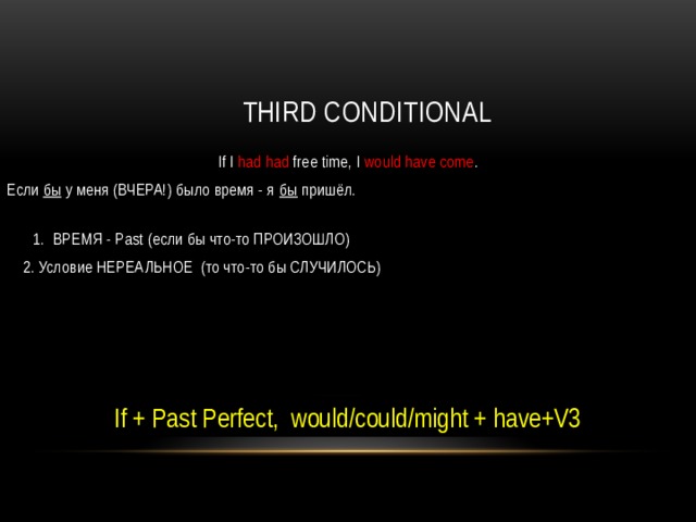 Third conditional If I had had free time, I would have come . Если бы у меня (ВЧЕРА!) было время - я бы пришёл.  1.  ВРЕМЯ - Past (если бы что-то ПРОИЗОШЛО)  2. Условие НЕРЕАЛЬНОЕ (то что-то бы СЛУЧИЛОСЬ)   If + Past Perfect, would/could/might + have+V3 