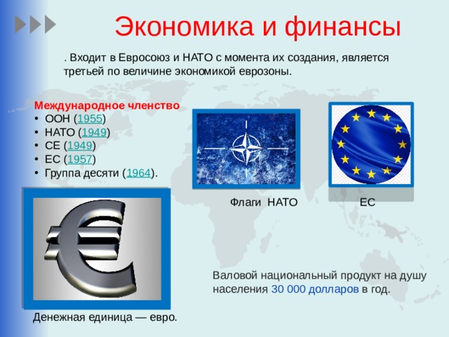 Экономика и финансы . Входит в Евросоюз и НАТО с момента их создания, является третьей по величине экономикой еврозоны. Международное членство ООН ( 1955 ) НАТО ( 1949 ) СЕ ( 1949 ) ЕС ( 1957 ) Группа десяти ( 1964 ). Флаги НАТО ЕС Валовой национальный продукт на душу населения 30 000 долларов в год. Денежная единица — евро. 