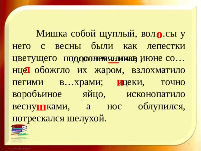о  Мишка собой щуплый, вол…сы у него с весны были как лепеcтки цветущего в июне со…нце обожгло их жаром, взлохматило пегими в…храми; щеки, точно воробьиное яйцо, исконопатило весну…ками, а нос облупился, потрескался шелухой. подсолнеч…ника , подсолнечника , л и ш 