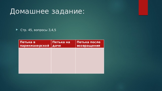 Домашнее задание: Стр. 45, вопросы 3,4,5 Петька в парикмахерской Петька на даче Петька после возвращения 