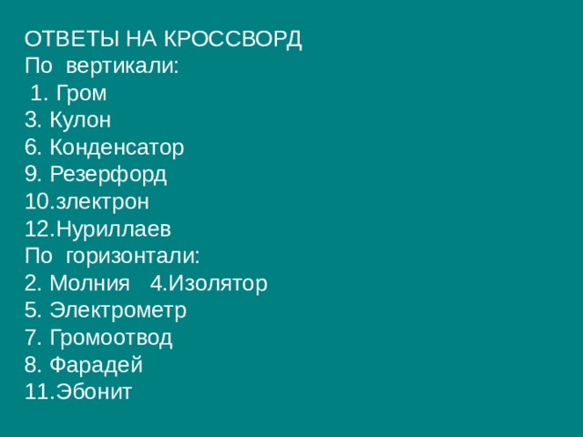 ОТВЕТЫ НА КРОССВОРД По вертикали:  1. Гром 3. Кулон 6. Конденсатор 9. Резерфорд 10.злектрон 12.Нуриллаев По горизонтали: 2. Молния 4.Изолятор 5. Электрометр 7. Громоотвод 8. Фарадей 11.Эбонит 