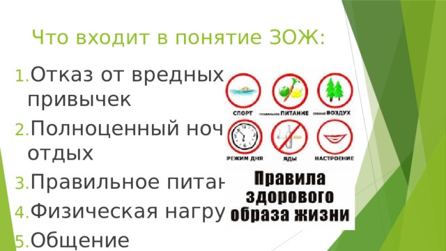 Что входит в понятие ЗОЖ: Отказ от вредных привычек Полноценный ночной отдых Правильное питание Физическая нагрузка Общение 