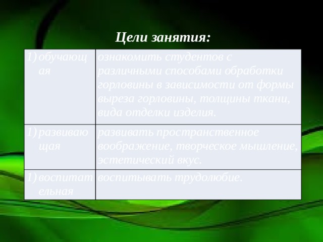 Цели занятия: обучающая ознакомить студентов с различными способами обработки горловины в зависимости от формы выреза горловины, толщины ткани, вида отделки изделия. развивающая развивать пространственное воображение, творческое мышление, эстетический вкус. воспитательная воспитывать трудолюбие. 