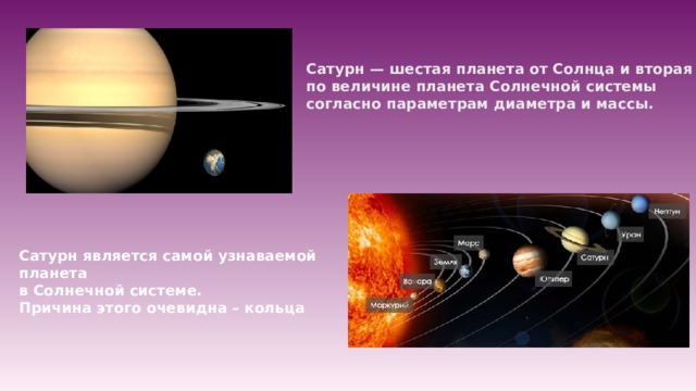 Сатурн — шестая планета от Солнца и вторая  по величине планета Солнечной системы  согласно параметрам диаметра и массы. Сатурн является самой узнаваемой планета в Солнечной системе. Причина этого очевидна – кольца 