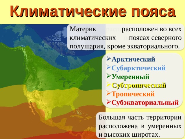 Климатические пояса Материк расположен во всех климатических поясах северного полушария, кроме экваториального. Арктический Субарктический Умеренный Субтропический Тропический Субэкваториальный Большая часть территории расположена в умеренных и высоких широтах. 