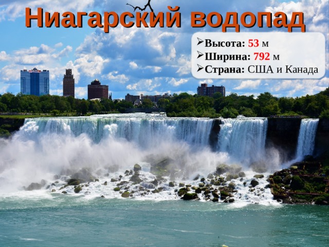 Ниагарский водопад Высота: 53  м Ширина: 792  м Страна: США и Канада 