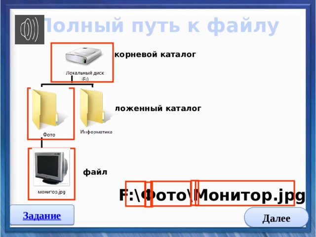 Полный путь к файлу корневой каталог вложенный каталог файл F:\Фото\Монитор.jpg Далее 