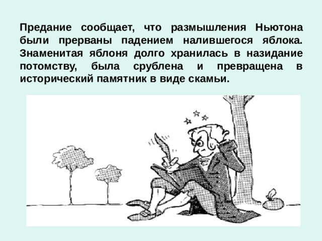 Предание сообщает, что размышления Ньютона были прерваны падением налившегося яблока. Знаменитая яблоня долго хранилась в назидание потомству, была срублена и превращена в исторический памятник в виде скамьи.  