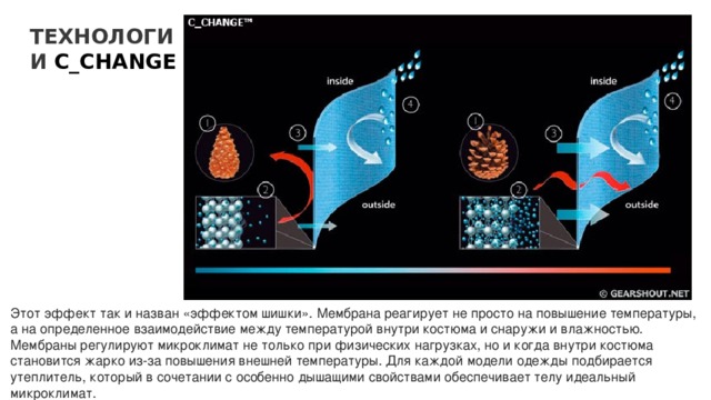 ТЕХНОЛОГИИ  C_CHANGE  Этот эффект так и назван «эффектом шишки». Мембрана реагирует не просто на повышение температуры, а на определенное взаимодействие между температурой внутри костюма и снаружи и влажностью. Мембраны регулируют микроклимат не только при физических нагрузках, но и когда внутри костюма становится жарко из-за повышения внешней температуры. Для каждой модели одежды подбирается утеплитель, который в сочетании с особенно дышащими свойствами обеспечивает телу идеальный микроклимат. 