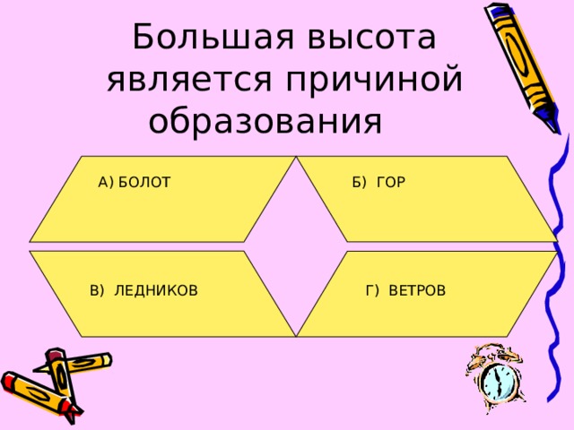 А) БОЛОТ Б) ГОР В) ЛЕДНИКОВ Г) ВЕТРОВ