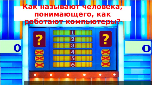 Как называют человека, понимающего, как работают компьютеры? Программист  15 ? ? Компьютерщик   30 Хакер   60 Умник  120 Гений   180 Инженер  240 