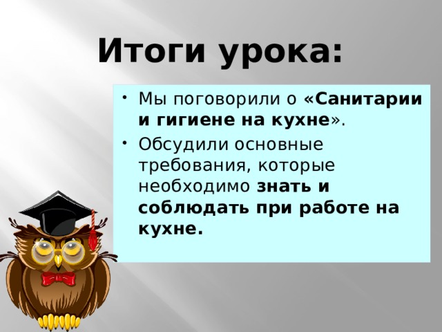 Итоги урока: Мы поговорили о «Санитарии и гигиене на кухне ». Обсудили основные требования, которые необходимо знать и соблюдать при работе на кухне. 