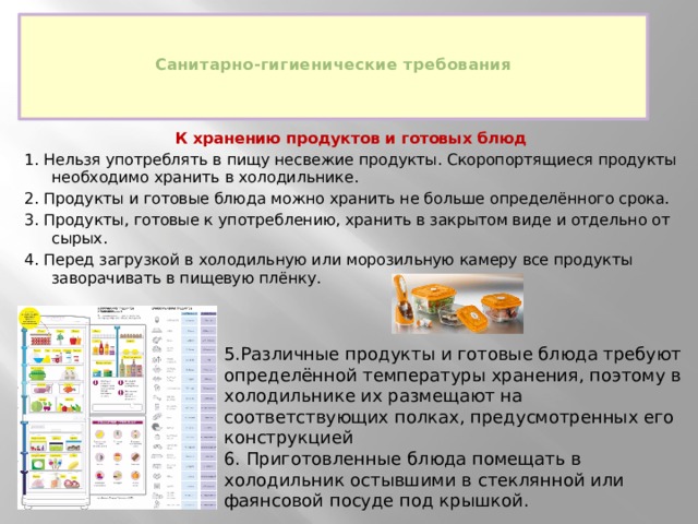   Санитарно-гигиенические требования    К хранению продуктов и готовых блюд 1. Нельзя употреблять в пищу несвежие продукты. Скоропортящиеся продукты необходимо хранить в холодильнике. 2. Продукты и готовые блюда можно хранить не больше определённого срока. 3. Продукты, готовые к употреблению, хранить в закрытом виде и отдельно от сырых. 4. Перед загрузкой в холодильную или морозильную камеру все продукты заворачивать в пищевую плёнку. 5.Различные продукты и готовые блюда требуют определённой температуры хранения, поэтому в холодильнике их размещают на соответствующих полках, предусмотренных его конструкцией 6. Приготовленные блюда помещать в холодильник остывшими в стеклянной или фаянсовой посуде под крышкой. 