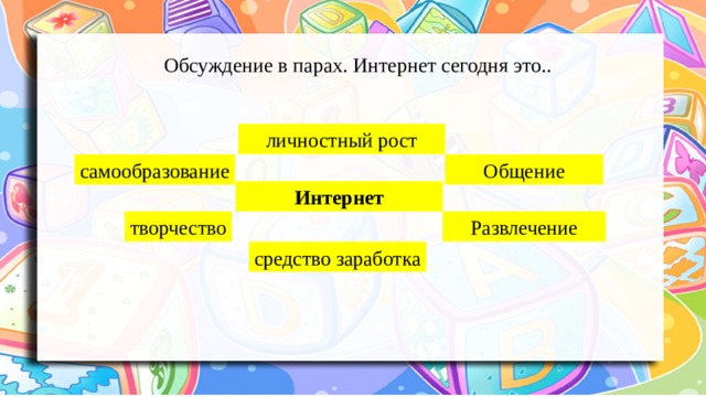 Обсуждение в парах. Интернет сегодня это.. личностный рост Общение самообразование Интернет Развлечение творчество средство заработка 