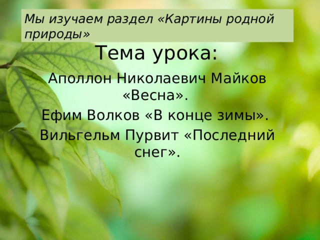 Мы изучаем раздел «Картины родной природы» Тема урока: Аполлон Николаевич Майков «Весна». Ефим Волков «В конце зимы». Вильгельм Пурвит «Последний снег». 