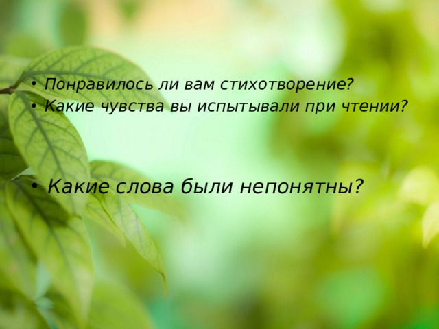 Понравилось ли вам стихотворение? Какие чувства вы испытывали при чтении? Какие слова были непонятны? 