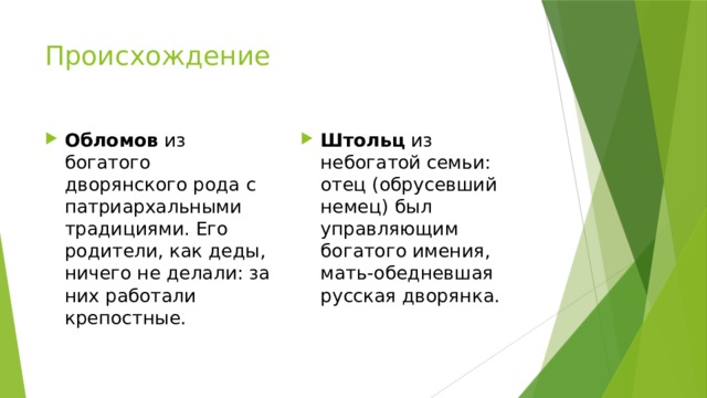 Происхождение Обломов из богатого дворянского рода с патриархальными традициями. Его родители, как деды, ничего не делали: за них работали крепостные. Штольц из небогатой семьи: отец (обрусевший немец) был управляющим богатого имения, мать-обедневшая русская дворянка. 