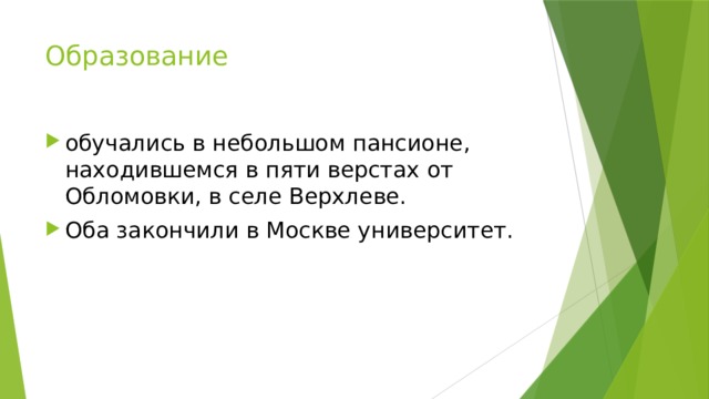 Образование обучались в небольшом пансионе, находившемся в пяти верстах от Обломовки, в селе Верхлеве. Оба закончили в Москве университет. 