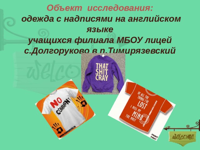 Объект исследования:   одежда с надписями на английском языке  учащихся филиала МБОУ лицей с.Долгоруково в п.Тимирязевский 