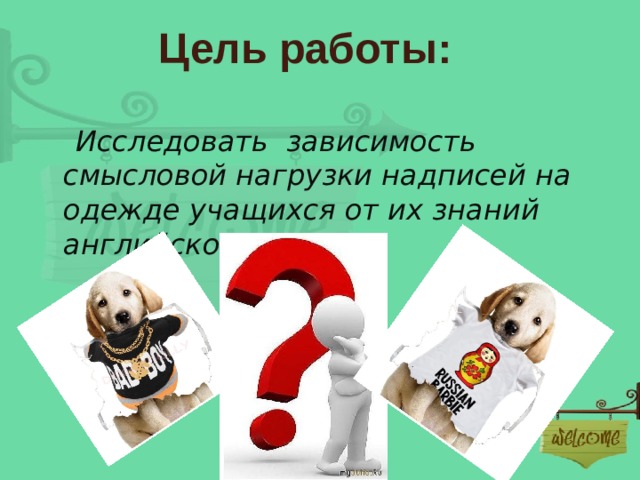 Цель работы:  Исследовать зависимость смысловой нагрузки надписей на одежде учащихся от их знаний английского языка. 