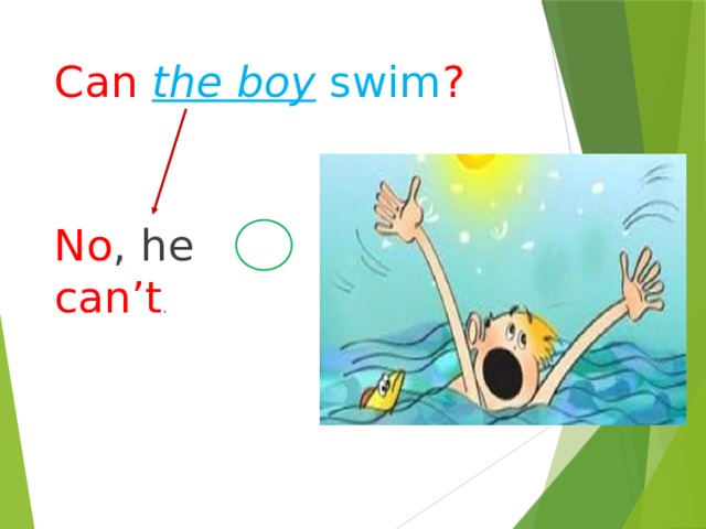 Can  the boy  swim ? No , he can’t . 
